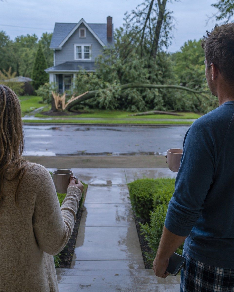 Neighbors on their porch looking toward a fallen tree down the street