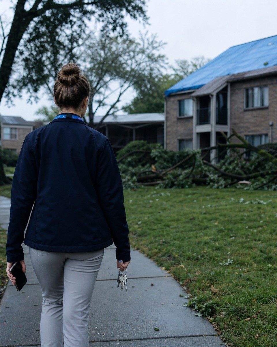 Property manager walking an apartment complex path the morning after a storm