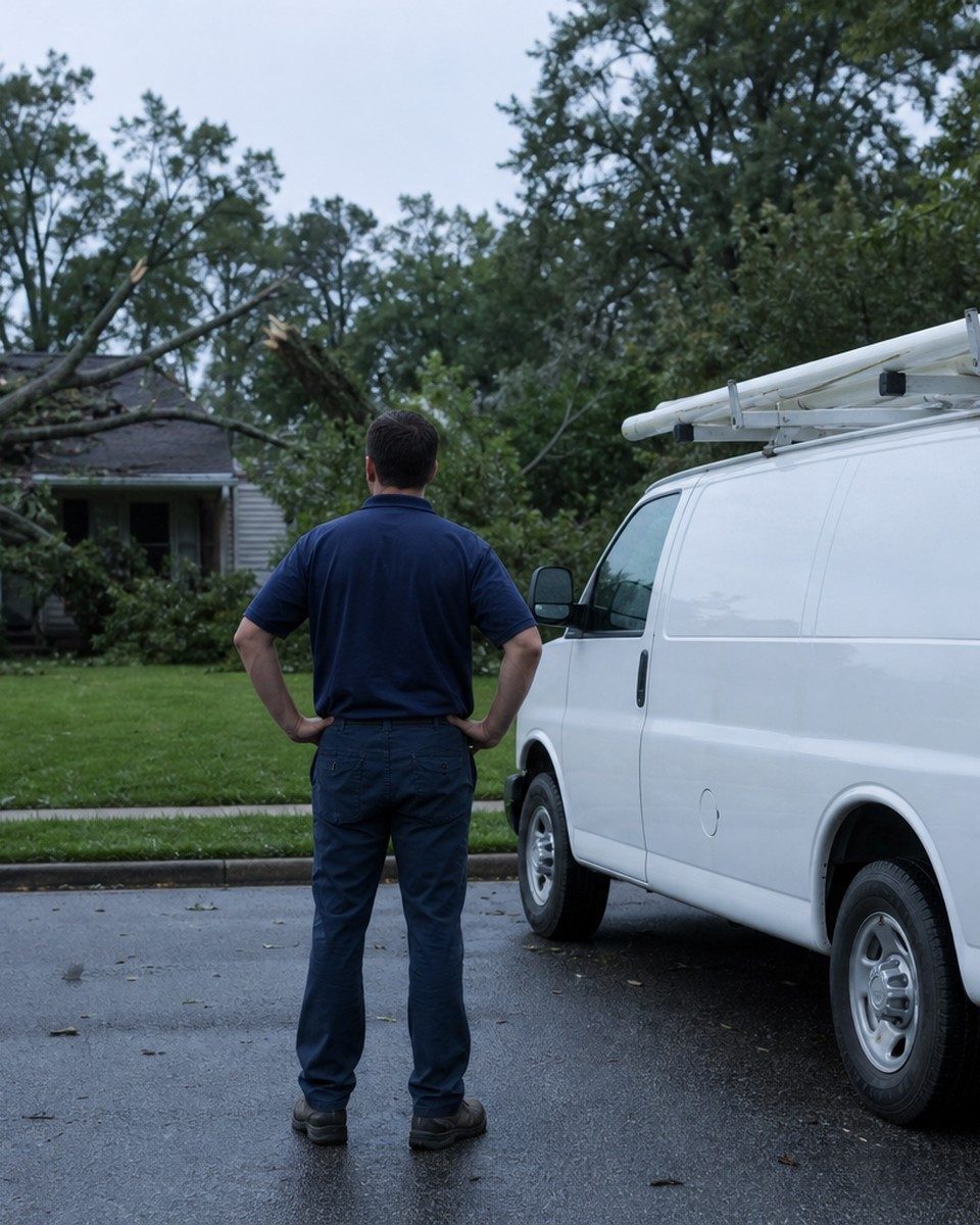 Plumber beside a plain work van looking at a fallen tree on a house