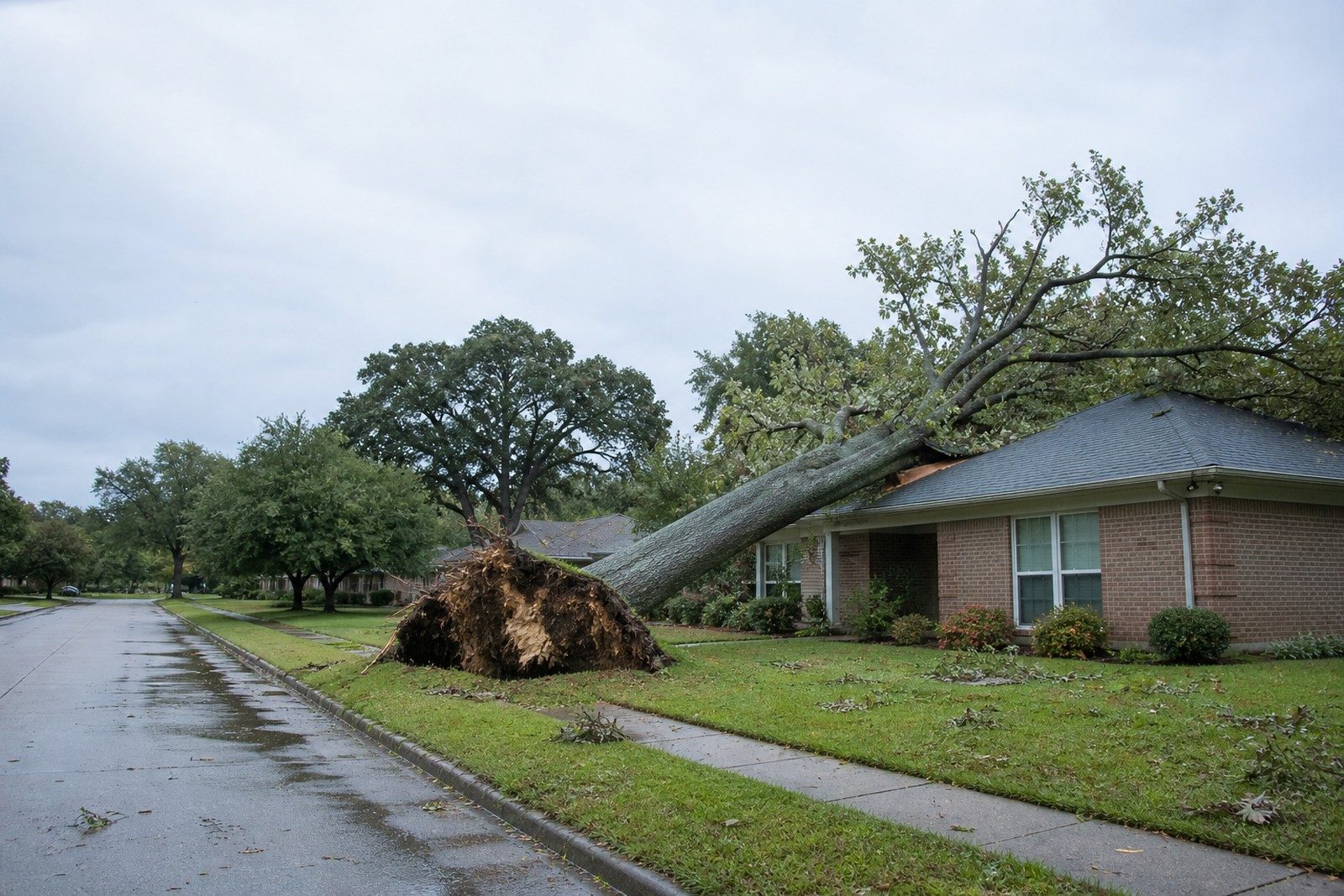A fallen oak resting on the roof corner of a one-story house, seen from across the street the morning after a storm