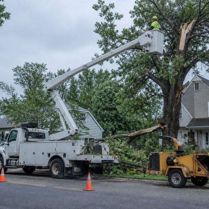 Tree crew working from a bucket truck beside a chipper, ground crew standing back
