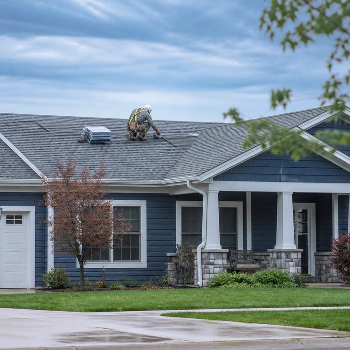 Roofer in a safety harness replacing storm-torn shingles on a low-slope roof