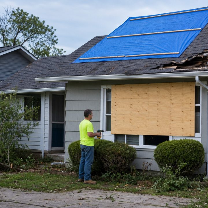 Blue tarp secured over a damaged roof corner and plywood over a broken window