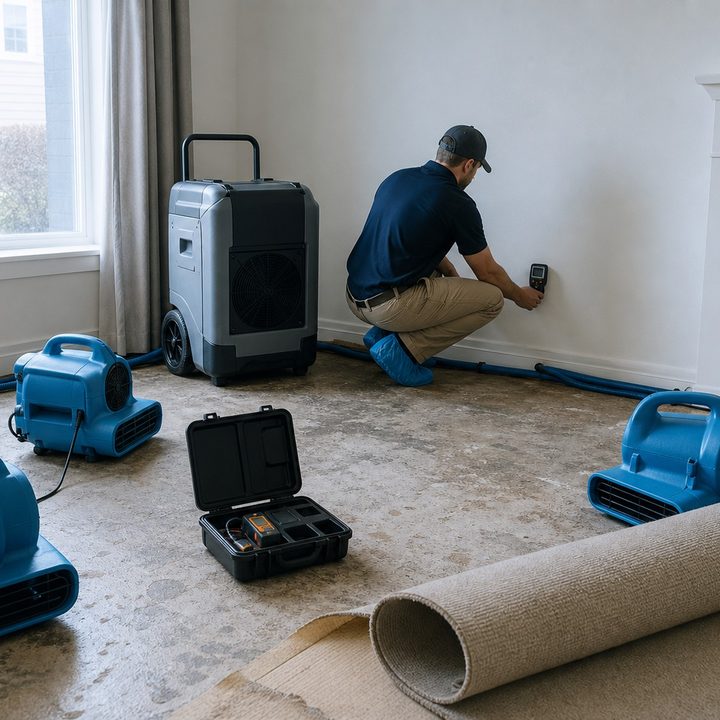 Air movers and a dehumidifier drying a living room after water damage