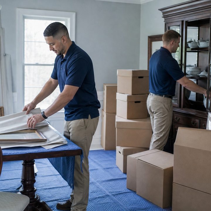 Two-person crew carefully packing and boxing a family&rsquo;s belongings