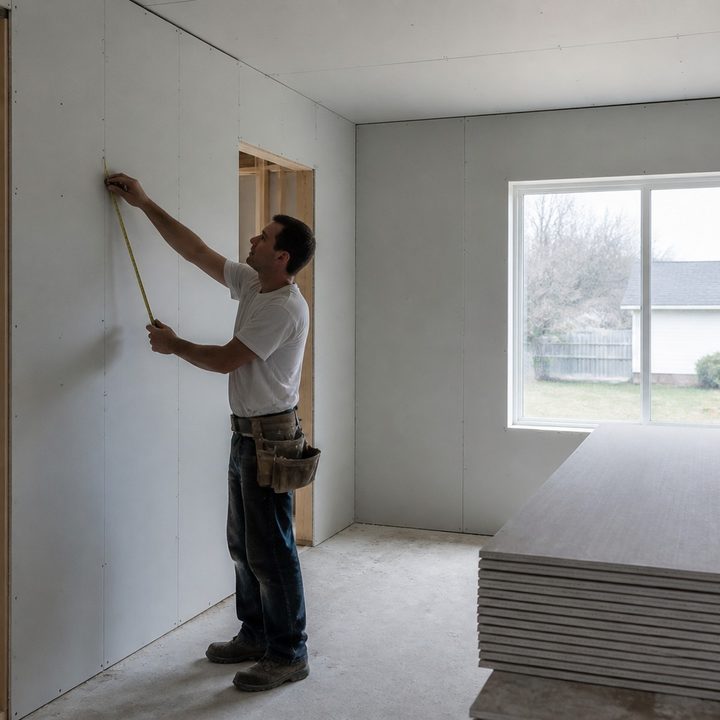 Carpenter measuring new drywall in a room stripped to the studs