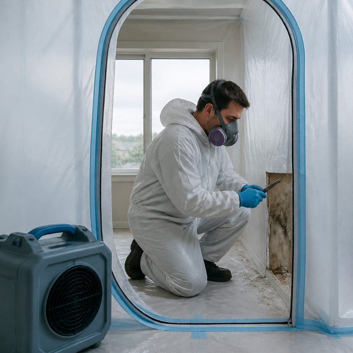 Remediation technician in protective gear working inside a sealed containment