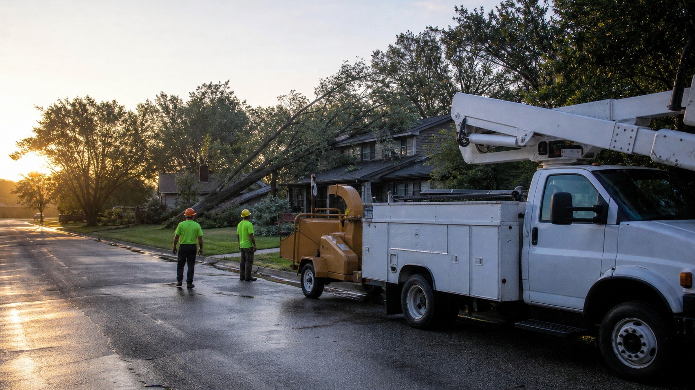 Tree crew arriving at dawn, standing back and looking toward a fallen tree from the street
