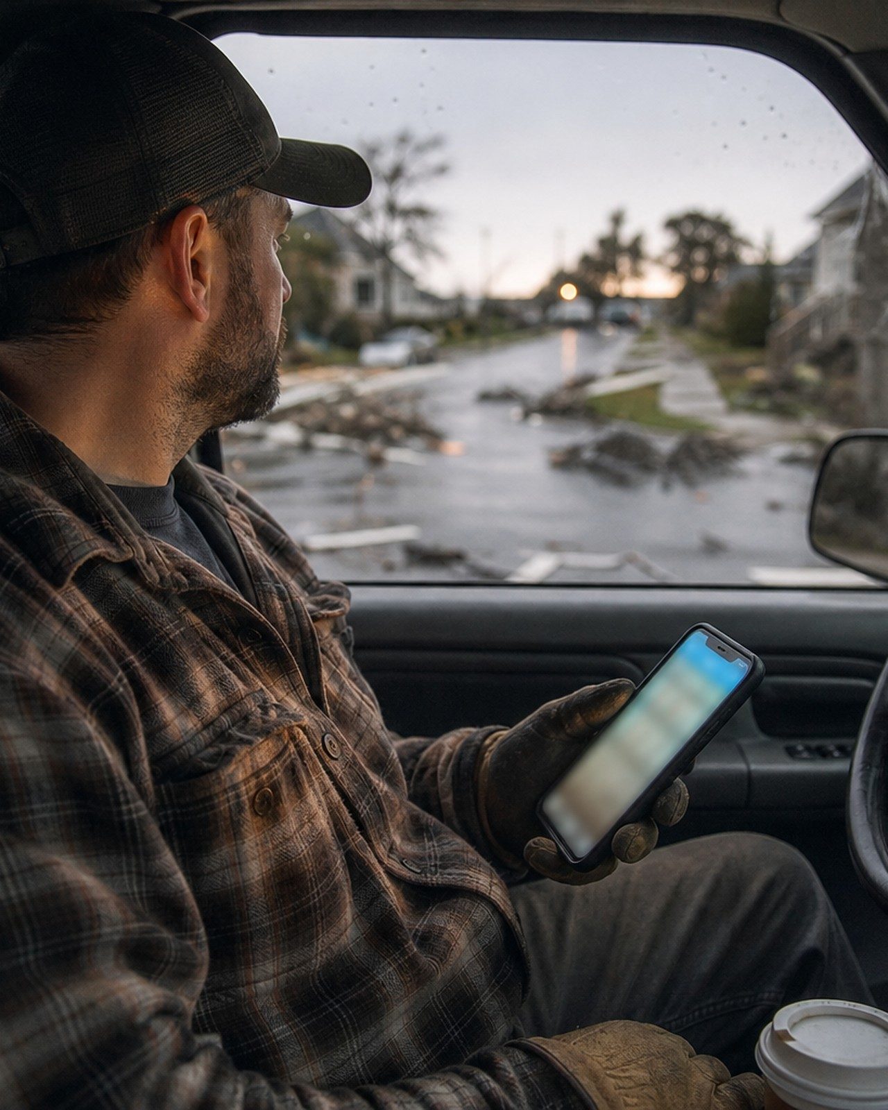 Contractor in a truck cab at dawn, checking a phone as the day starts